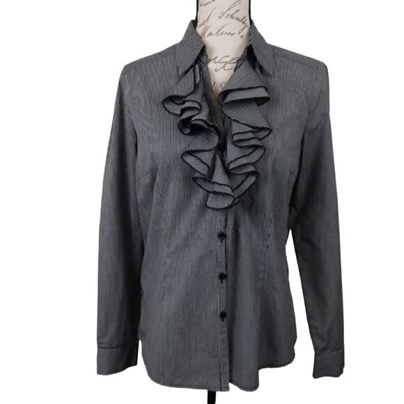 Spense |Black Gray Stripe Ruffled Long Sleeve Blouse | Size L - Picture 1 of 5